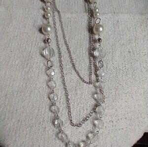Clear white faux pearl silvertone long beaded chain necklace